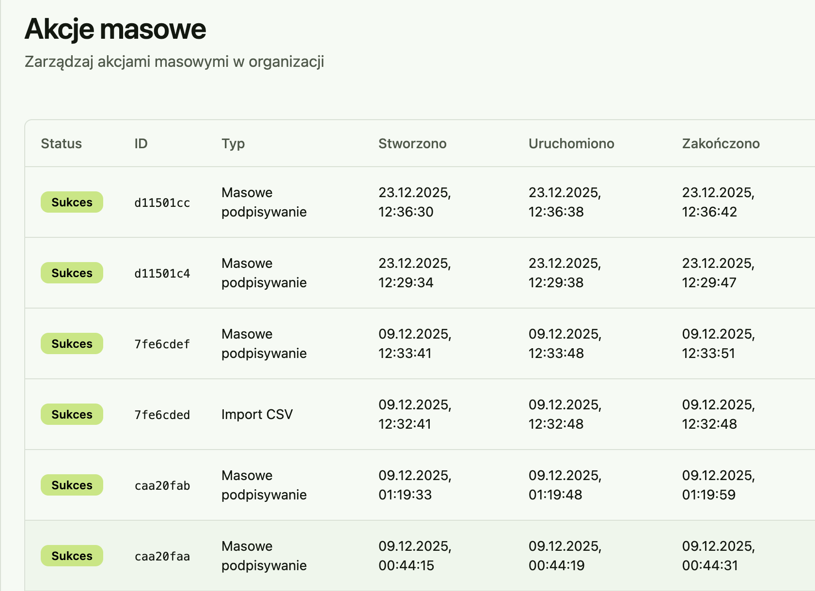 Ekran Pakt: akcje masowe, lista masowych podpisań ze statusem Sukces